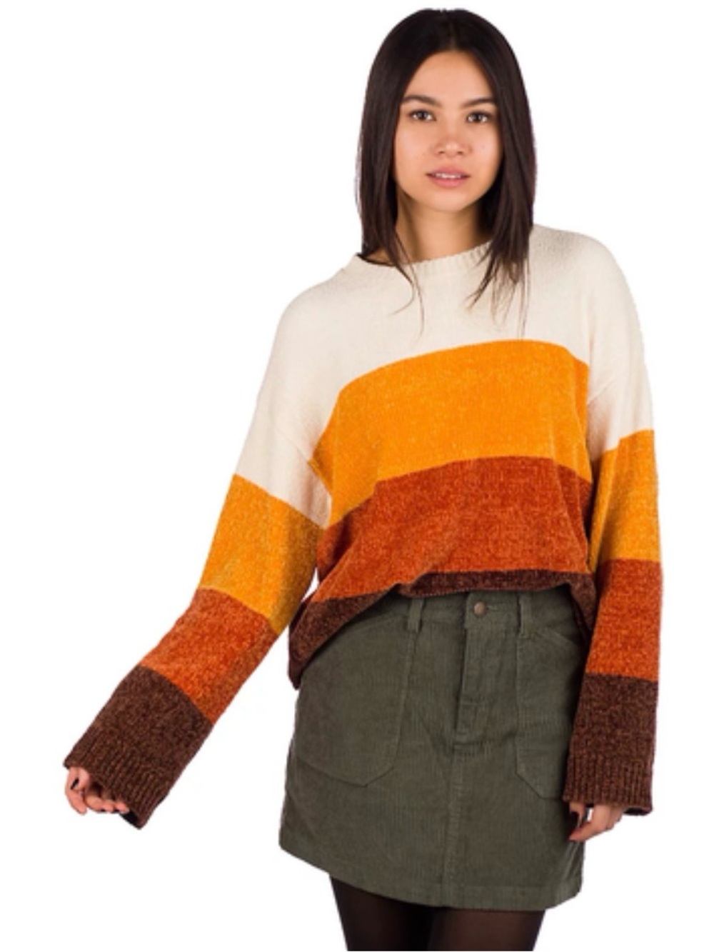 Volcom Striped Crewneck Sweater in Cream, Mustard, Rust & Brown Medium